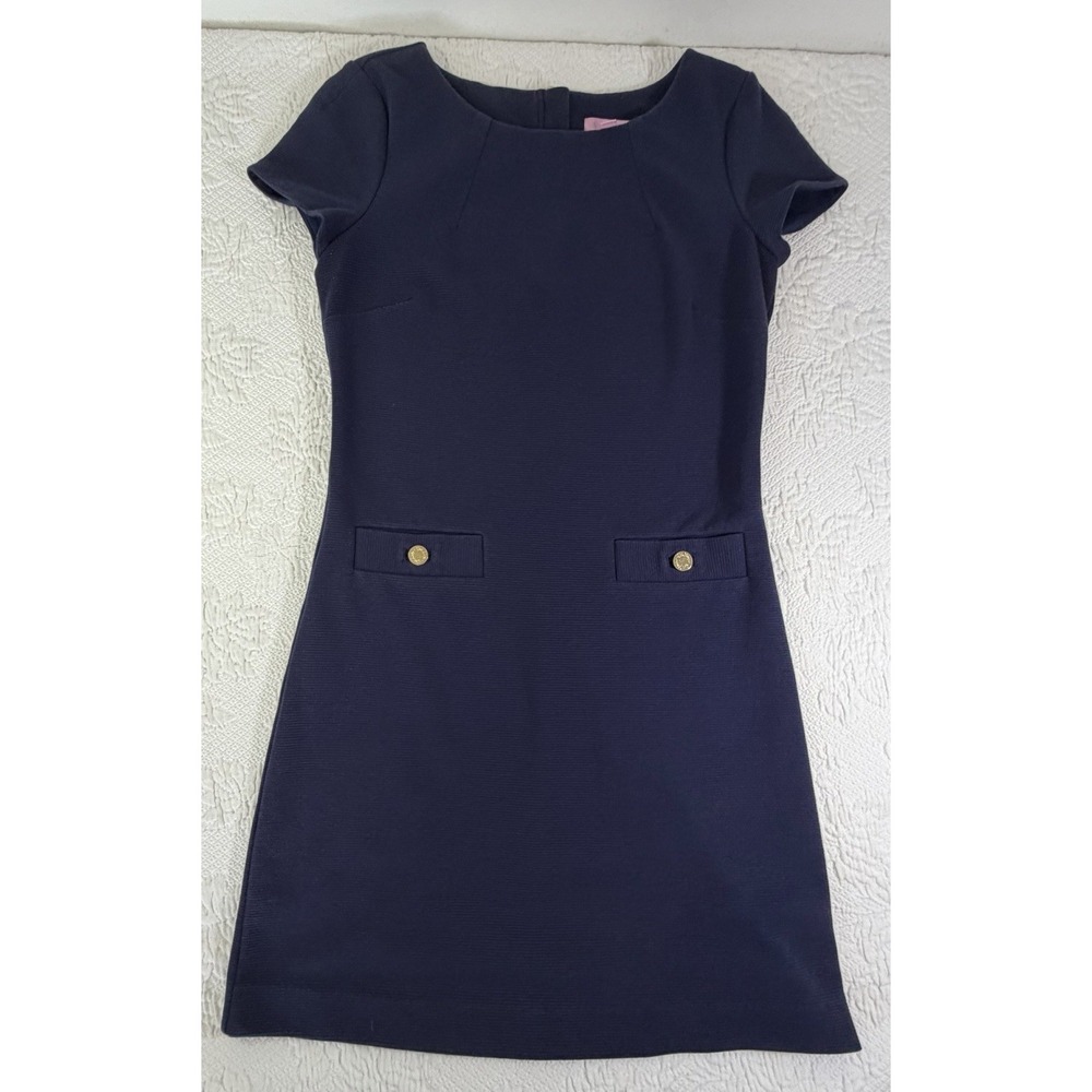 Lilly Pulitzer LAYTON SHIFT DRESS SIZE medium Gold Buttons Navy Ottoman Blue